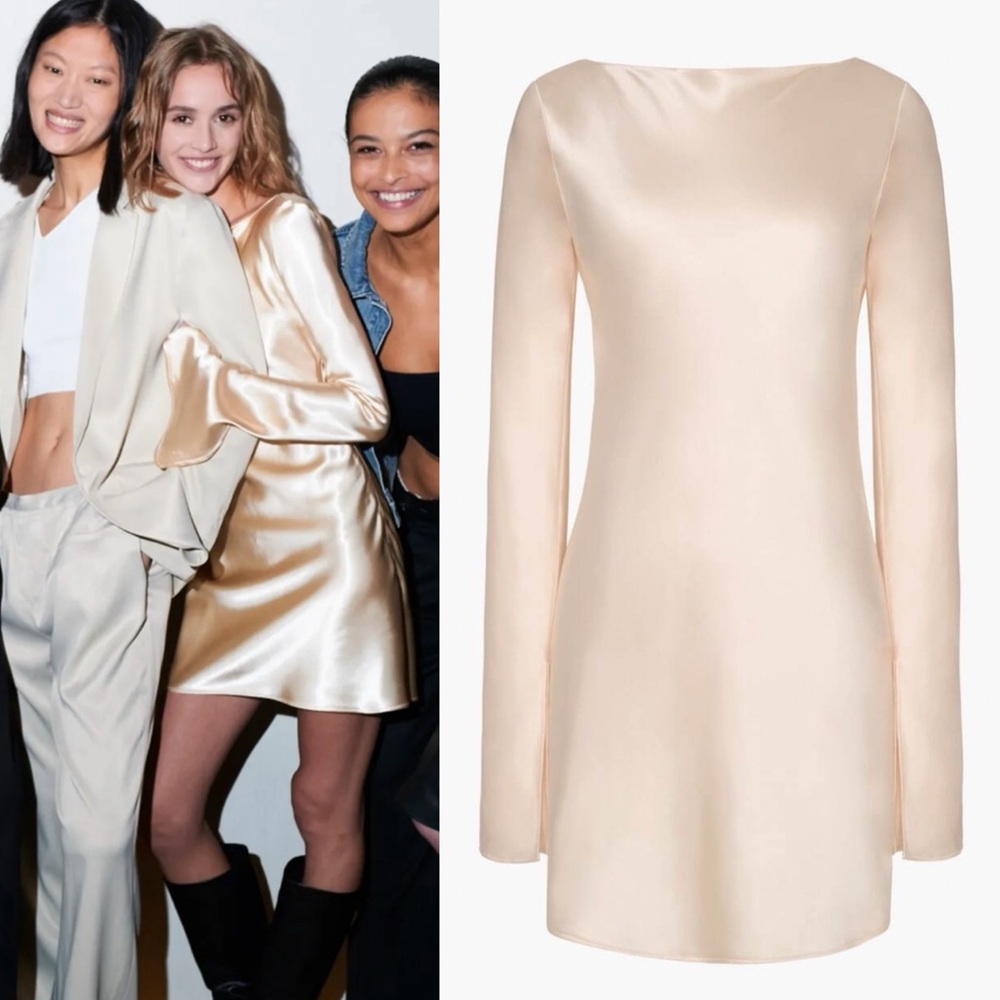 Zara Satin Long Sleeve Mini Dress in Champagne